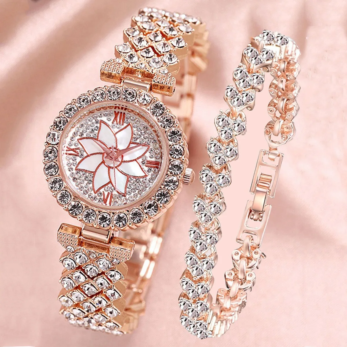 Hi-vin Elegant 2-Piece Women's Crystal Rhinestone Quartz Watch