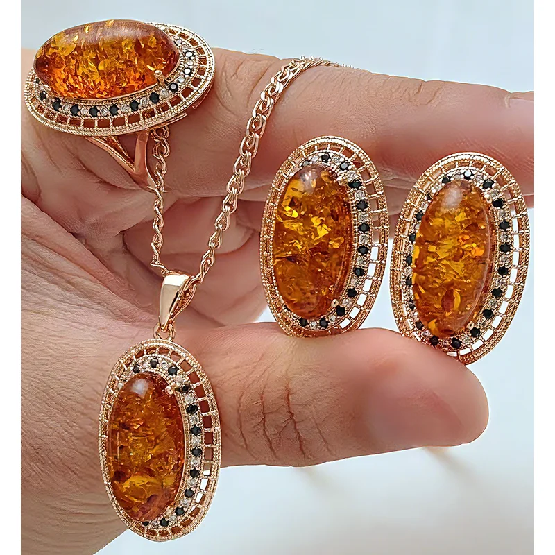 Hi-vin Vintage Amber-Tone Oval Stone 3-Piece Jewelry Set