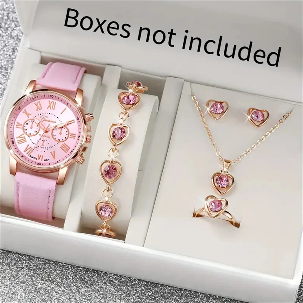 Hi-vin Charming 6-Piece Women's Pink Leather Quartz Watch