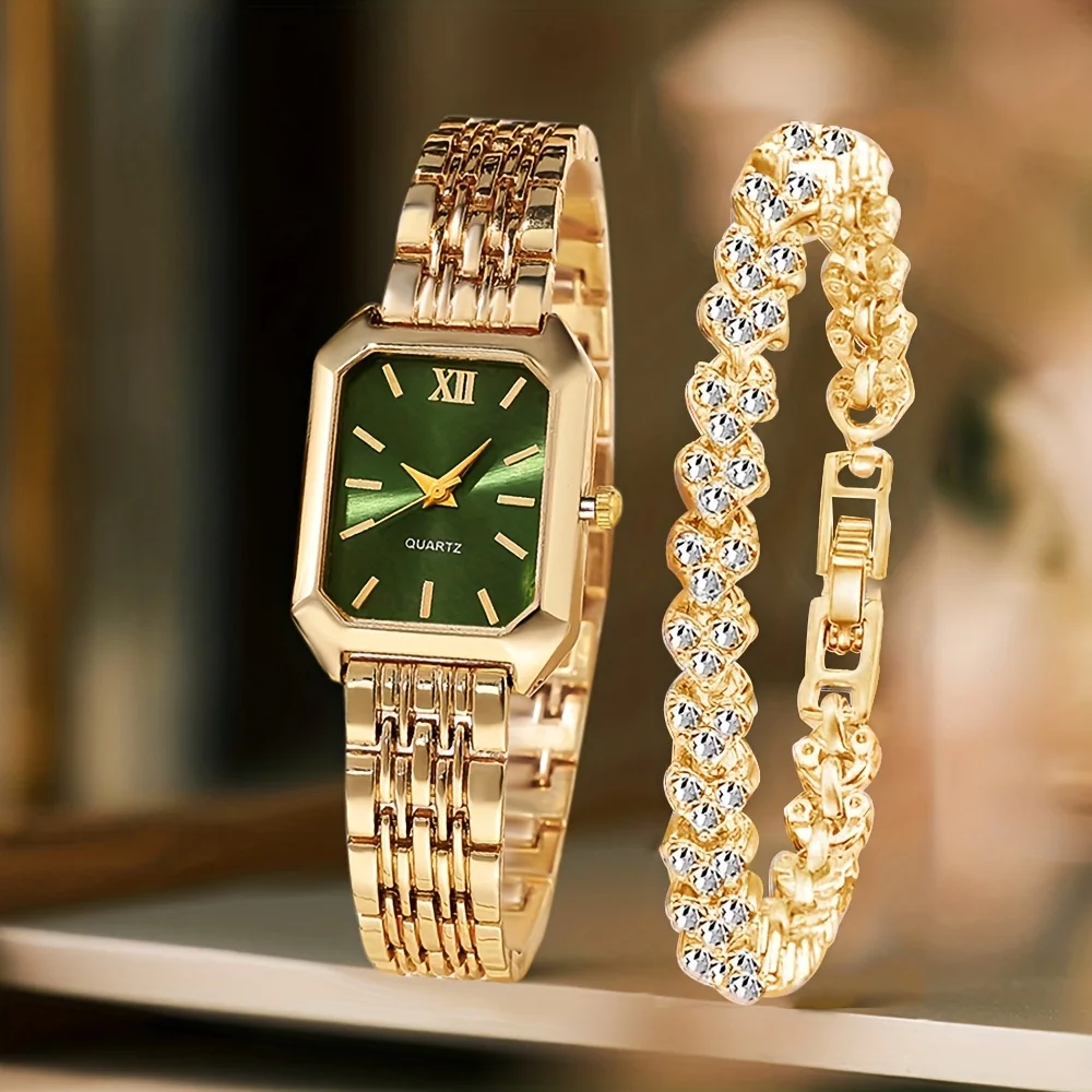 Hi-vin 2-Piece Vintage Rectangular Women's Crystal Quartz Watch