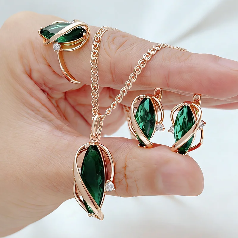 Hi-vin Kinel 585 Rose Gold Green Zircon 3-Piece Jewelry Set