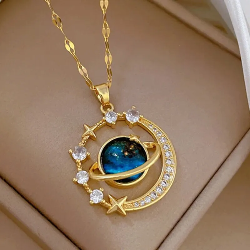 Hi-vin Celestial Planet & Moon Titanium Steel Pendant Necklace