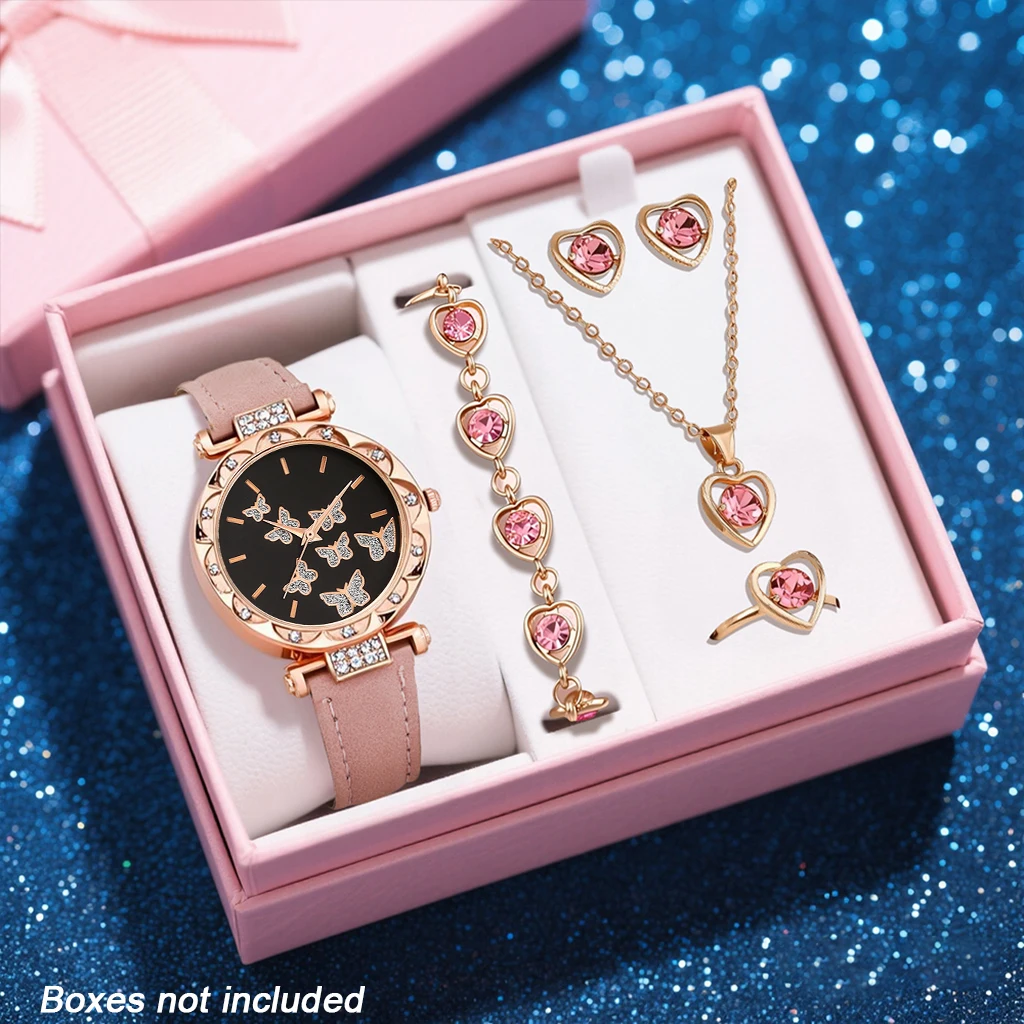 Hi-vin Elegant 6-Piece Women's Black Leather Quartz Watch