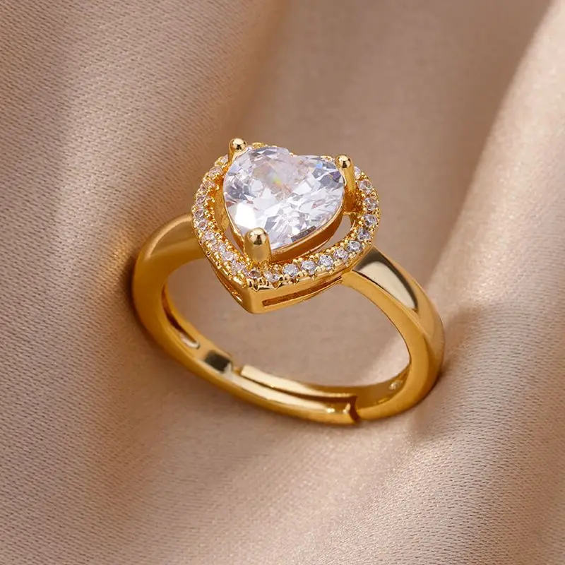 Hi-vin Adjustable Heart Crystal Zircon Stainless Steel Ring