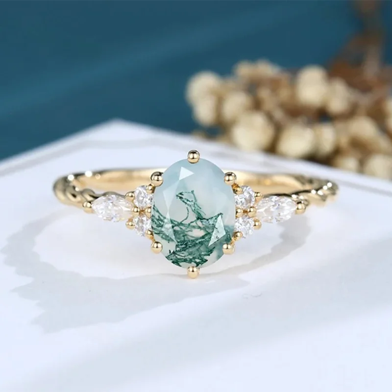 Hi-vin Natural Moss Agate Unique Ring for Women