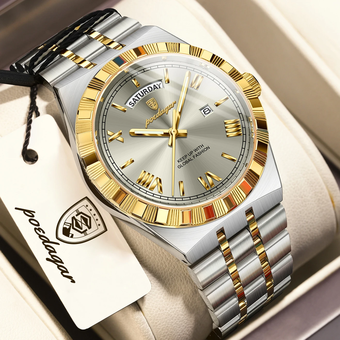 Hi-vin POEDAGAR Luxury Men's Two-Tone Stainless Steel Quartz Watch