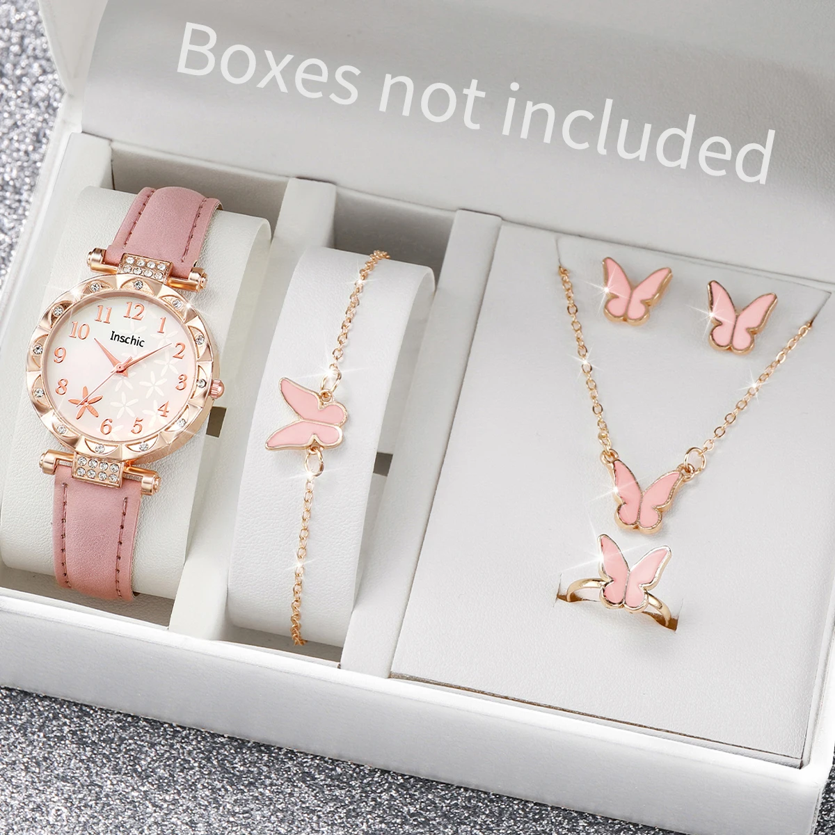 Hi-vin Floral 6-Piece Women's Pink Leather Quartz Watch